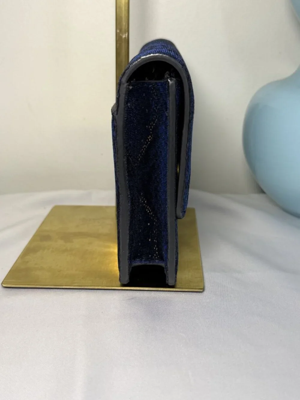 Kurt Geiger Navy Blue Velvet Snake-Embossed Crossbody with Gold Tone Accent